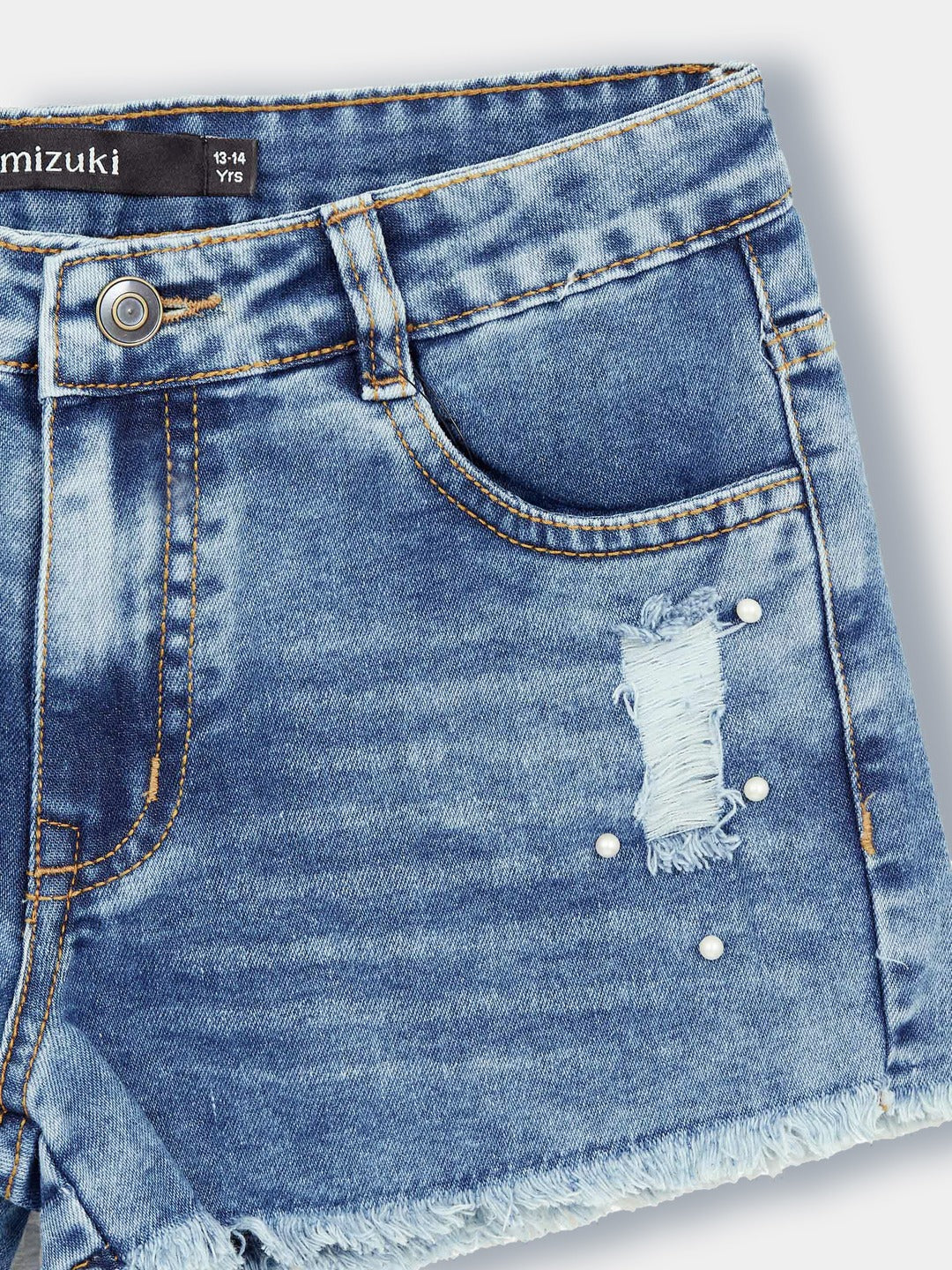 Dark Blue Relaxed-Fit Mid-Rise Highly-Distressed Regular-Length Denim Shorts for Girls/Teenagers