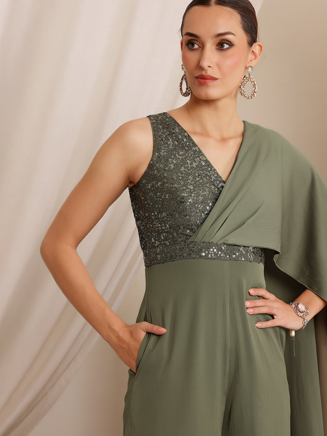 Women's Embellished Satin Jumpsuit in Pale Olive with Draped Pleats