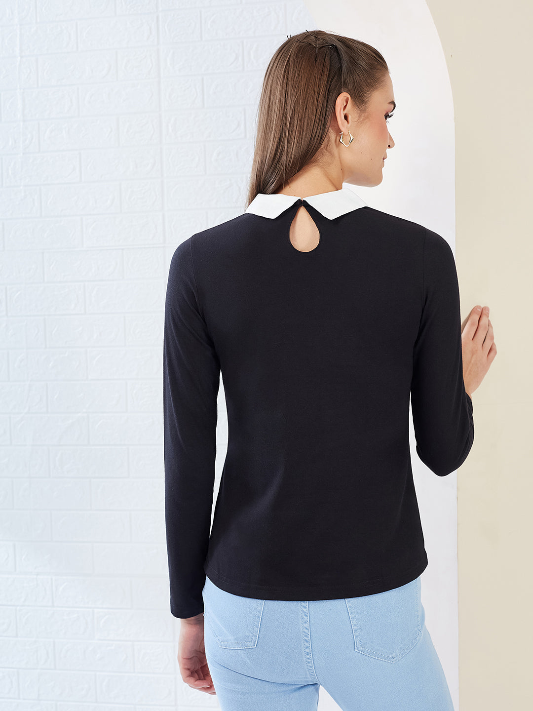 Black Collared Round Neck Full Sleeve Cotton Solid Buttoned Top for Women