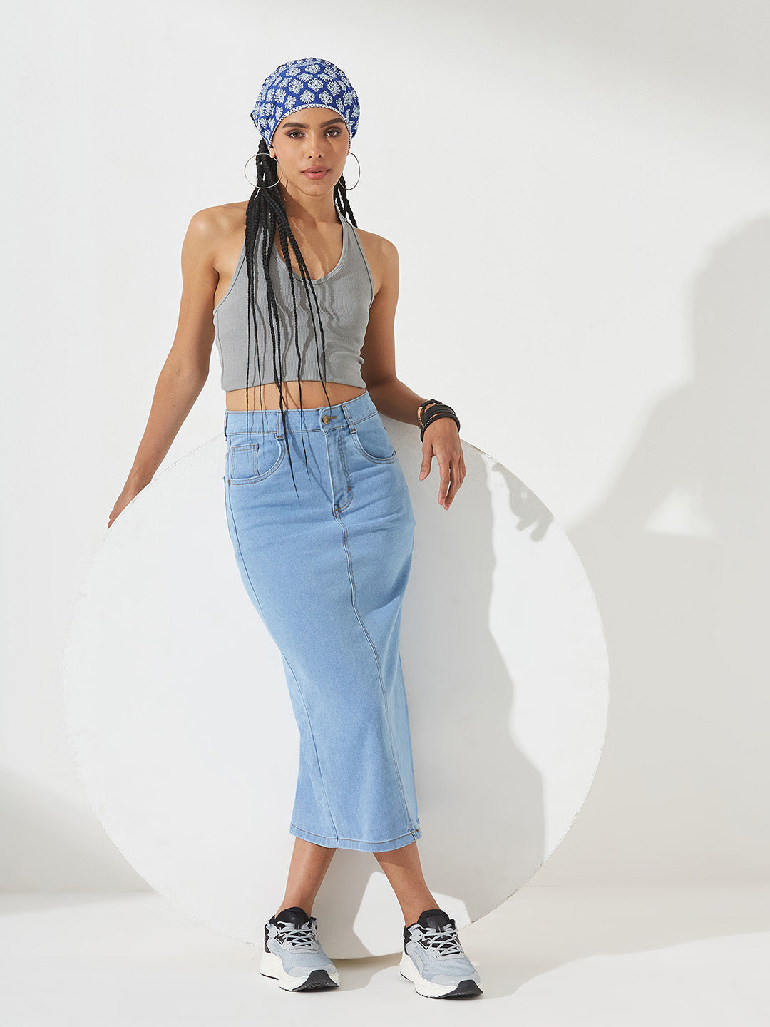 Light Blue Straight High-Rise Midi Stretchable Denim Skirt for Women — Dolce Crudo