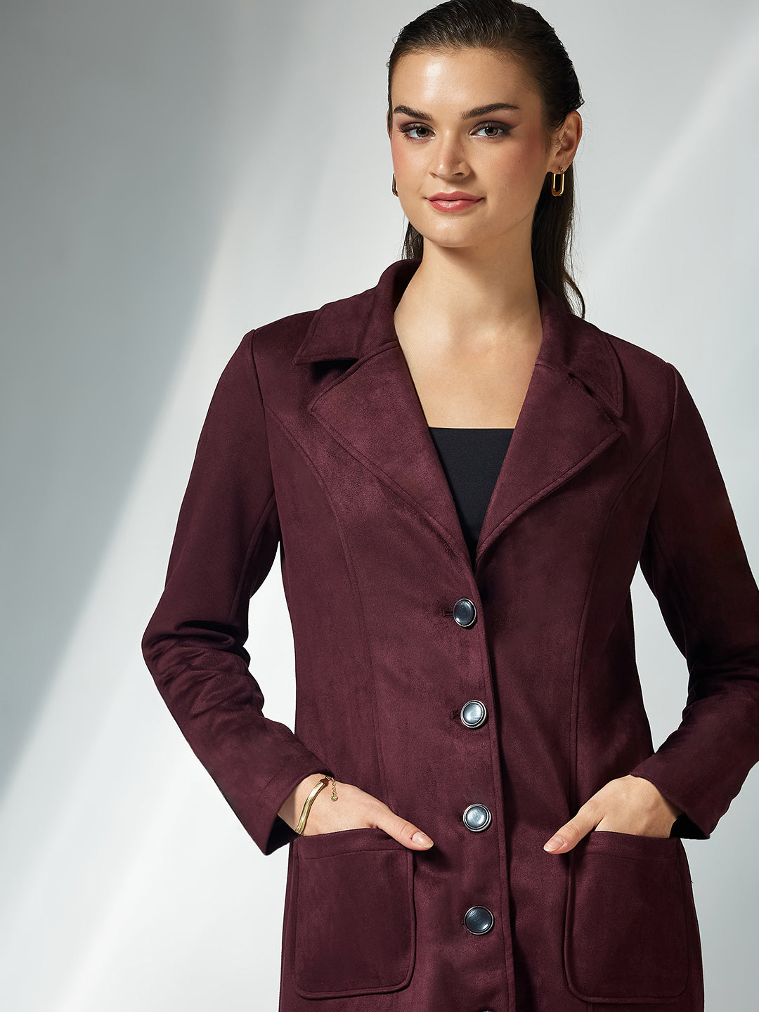 Women's Wine Solid V-Neck Full Sleeves Patched Pocketed Polyester Button Down Longline Winter Wear Jacket