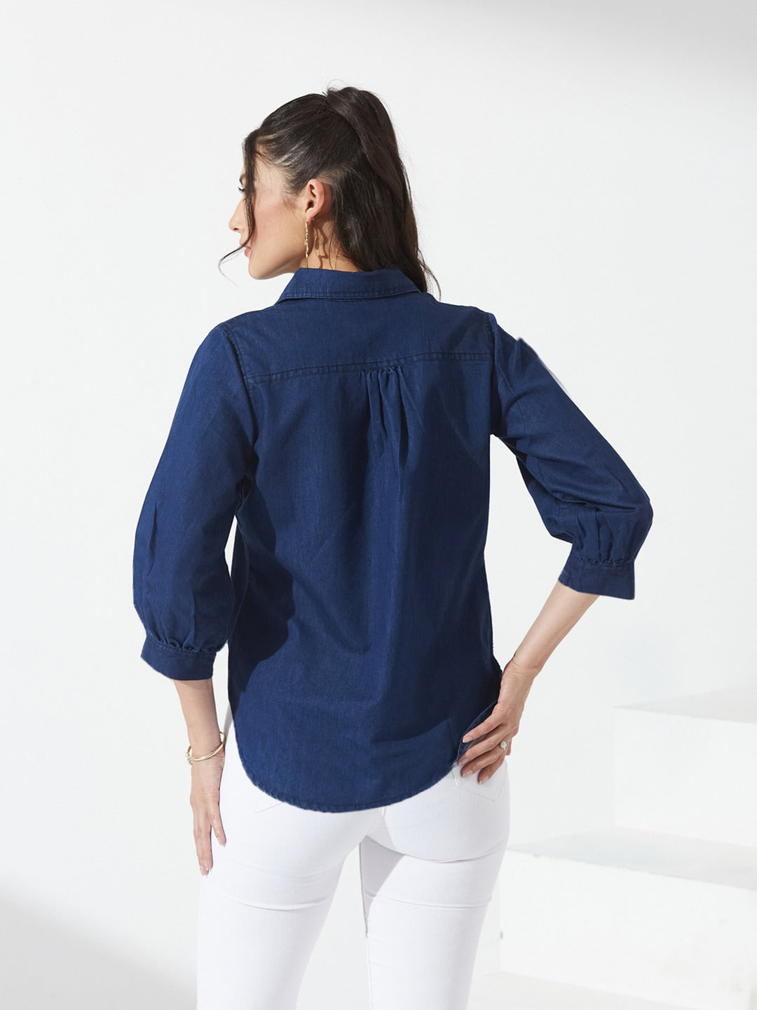 Dark Blue Collar-Neck Puff-Sleeve Solid-Colored Light Weight Denim Tunic Top for Women