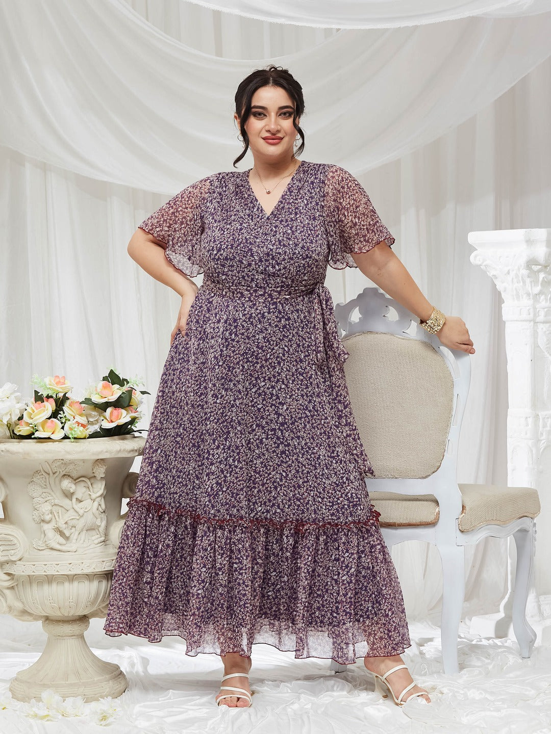 Purple V Neck Flared Sleeve Floral Wrap Chiffon Maxi Dress for Women