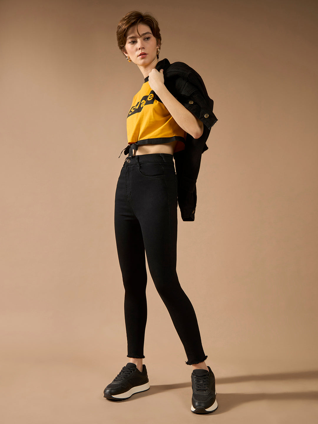 Women's Black Skinny Fringed Detailing High-Rise Clean-Look Solid Cropped Stretchable Denim Jeans