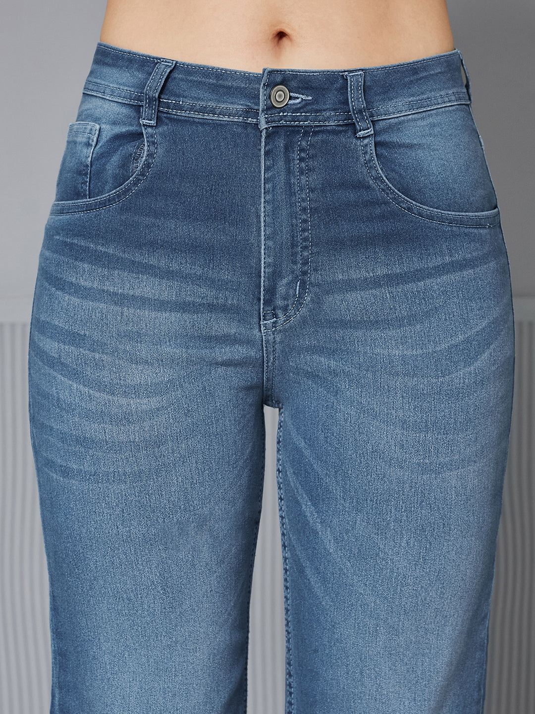 Women's Light Blue Wide-Leg Mid-Rise Blast Effect Light Weight Denim Jeans