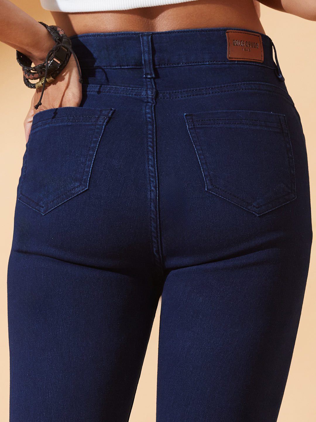 24/7 Comfort Navy-Blue Skinny-Fit High-Rise Solid Fringed Hemline Cropped Stretchable Denim Jeans for Women