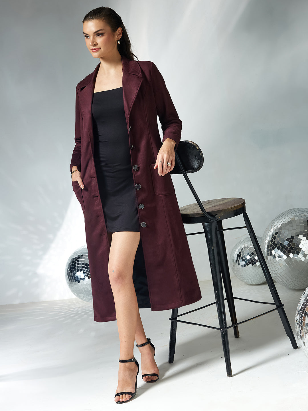 Women's Wine Solid V-Neck Full Sleeves Patched Pocketed Polyester Button Down Longline Winter Wear Jacket