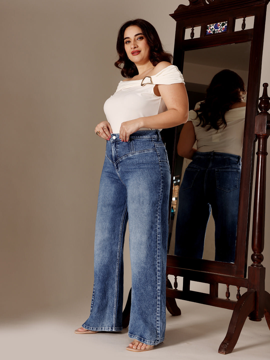 CHASEshape™ Blue High Rise Clean Look Regular-Length Stretchable Denim Wide-Leg Jeans for Women
