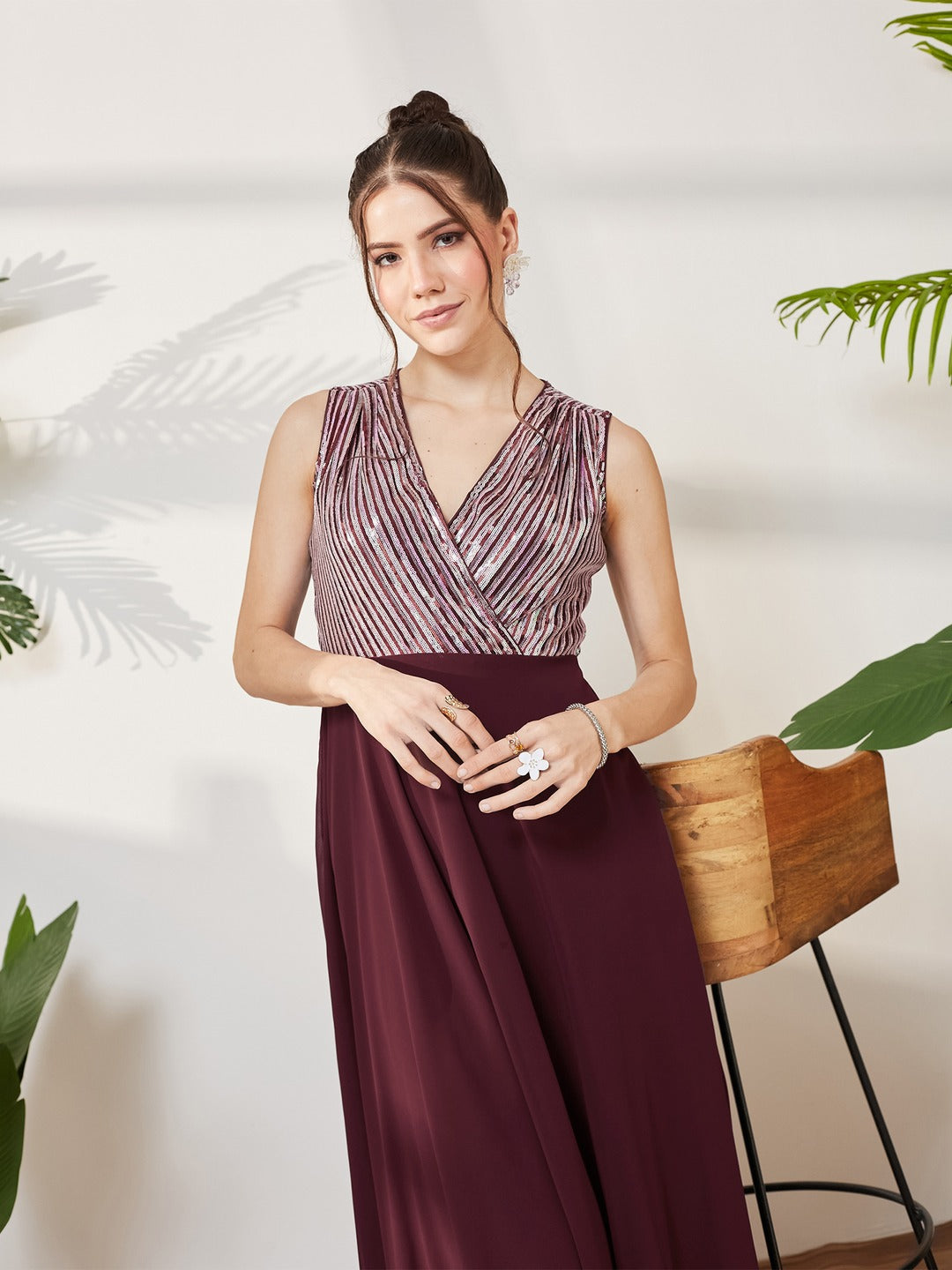 Wine V-Neck Sleeveless Embellished Wrap-Styled Maxi Georgette Dress for Women
