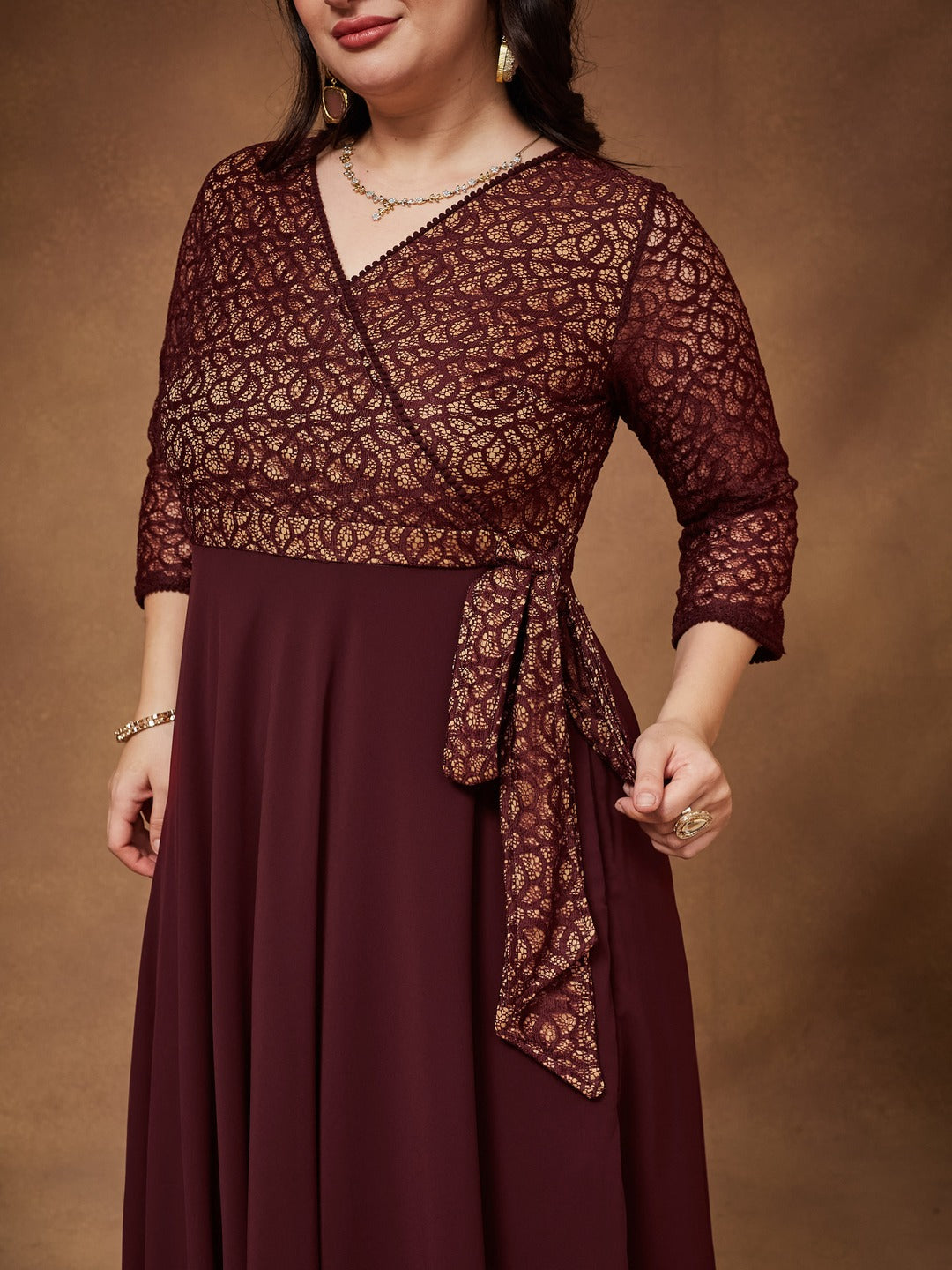 Wine V-Neck 3/4 Sleeve Floral Wrap Georgette Maxi Dress for Women — Miss Chase A+