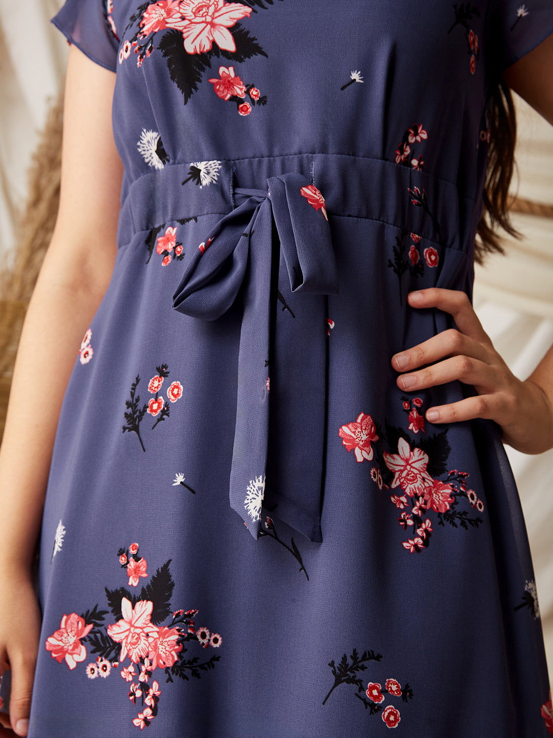 Multicolored Base Lavender V-Neck Short Sleeved Floral Pleated Midi Dress