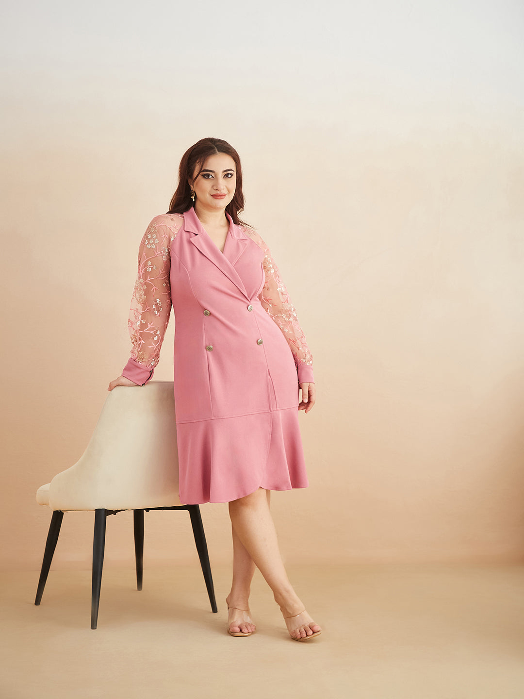 Dusty Pink & Golden Solid Embroidered Double Breasted Knee Length Dress for Women