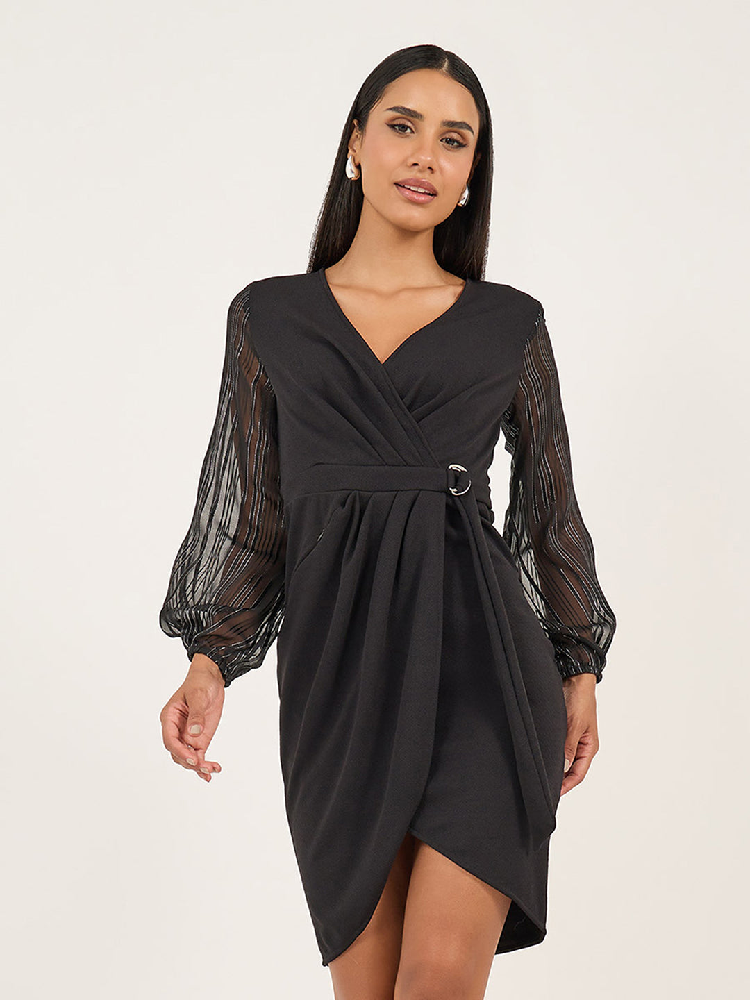 Women's Black Solid V Neck Bishop Sleeves Front Pocketed Polyester Wrap Knee-Length Dress