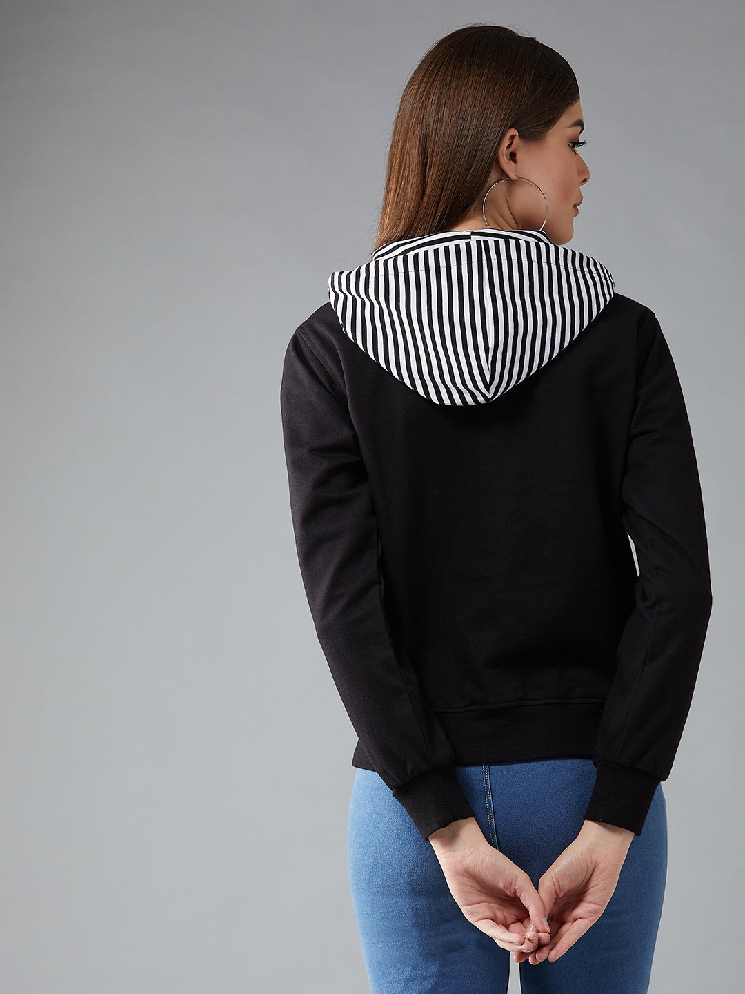 Women's Multicoloured-Base-Black Hooded Full sleeves Striped Boxy Regular length Sweatshirt