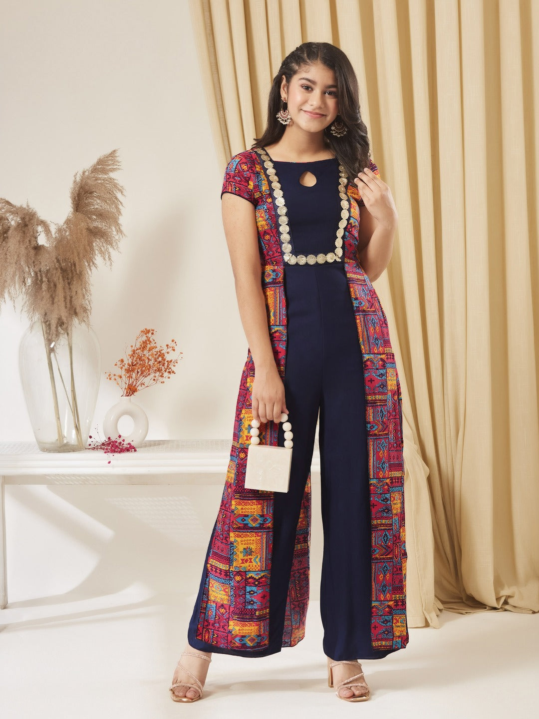 Navy Blue Keyhole-Neck Regular Sleeve Bohemian Paneled Viscose-Rayon Jumpsuit for Girls/Teenagers