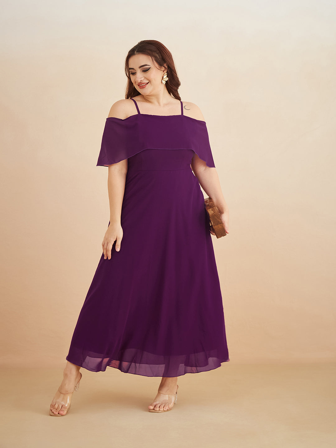Purple Bardot Style Sleeveless Spaghetti Strap Solid Off Shoulder Midi Skater Dress for Women — Miss Chase A+