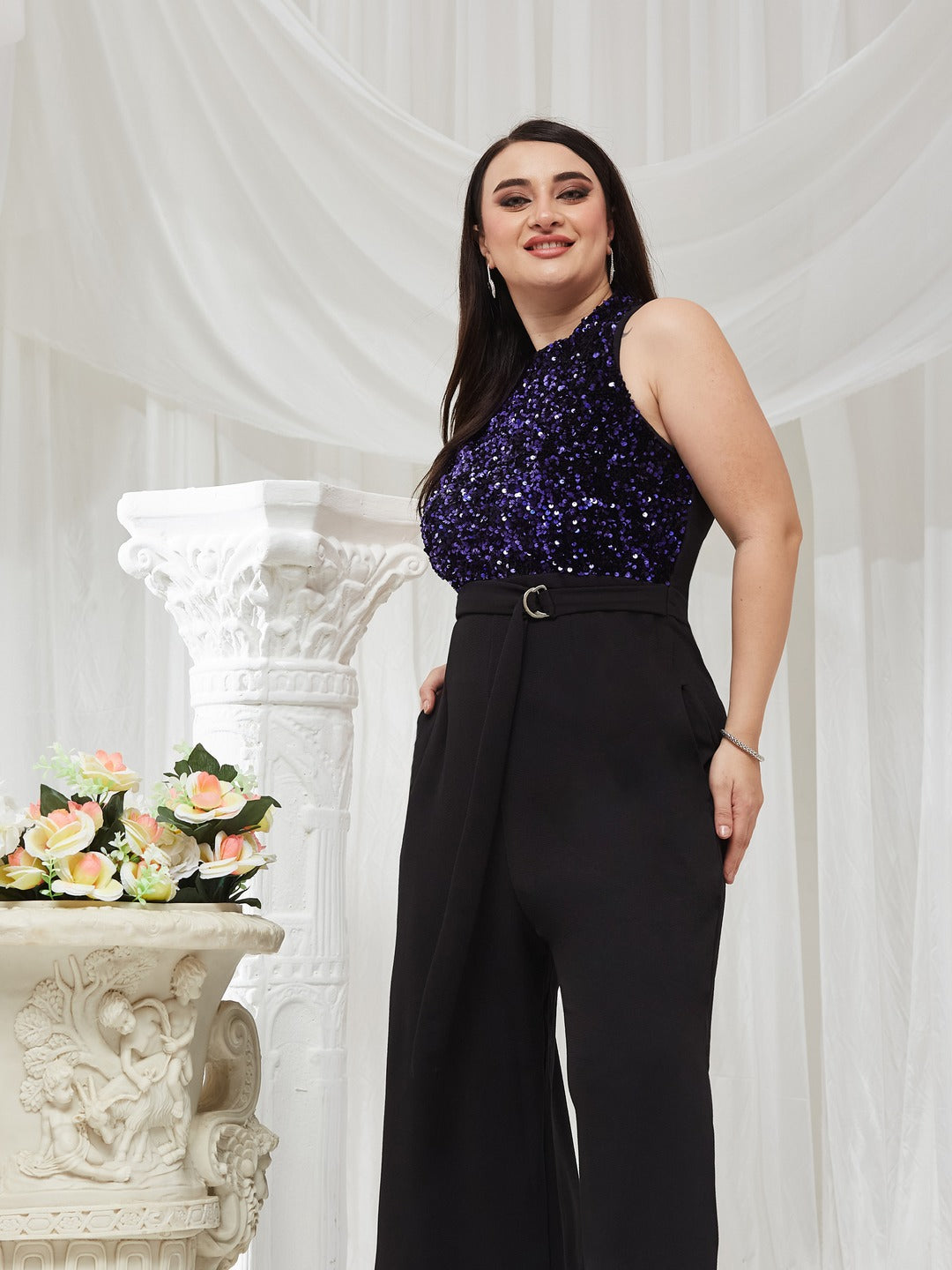 Black And Blue Halter Neck Sleeveless Embellished Regular-Length Jumpsuit for Women — Miss Chase A+