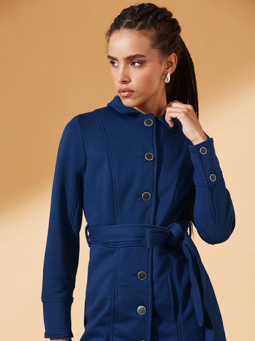 Navy-Blue Collared Full Sleeve Solid Tie-up Longline Jacket for Women