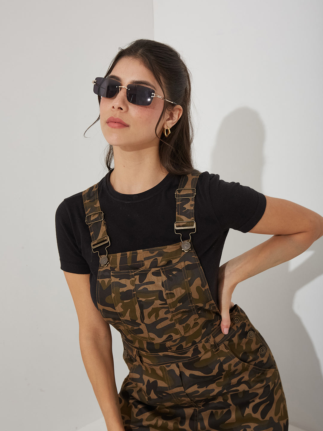 Women’s Multicolored Base Olive Square Neck Camouflage Short Dungaree Knee-Long Cotton Dungaree for Women