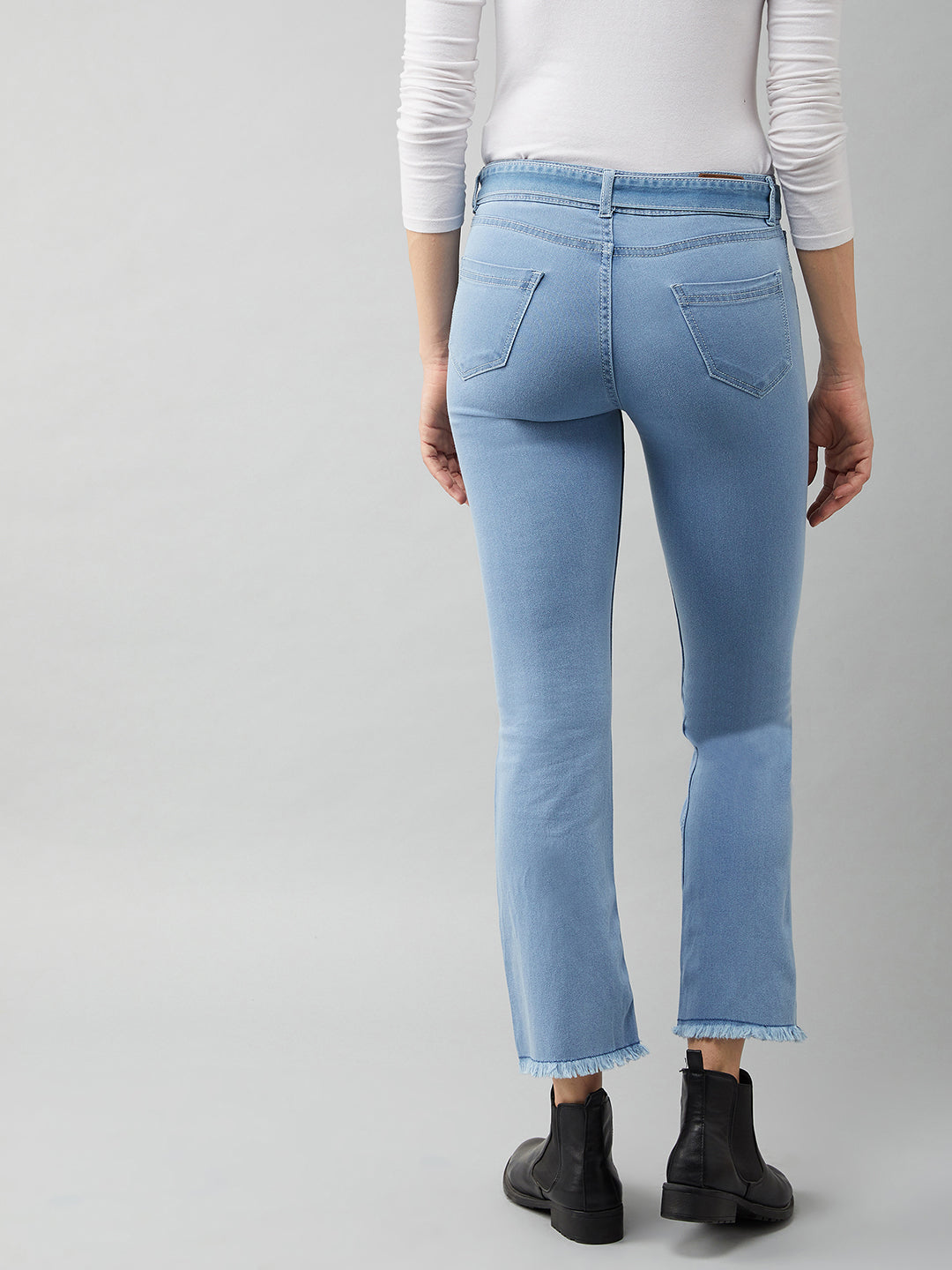 Women's Light Blue Cotton Bell Bottom Bootcut Cropped High Rise Stretchable Timeless Denim Jeans