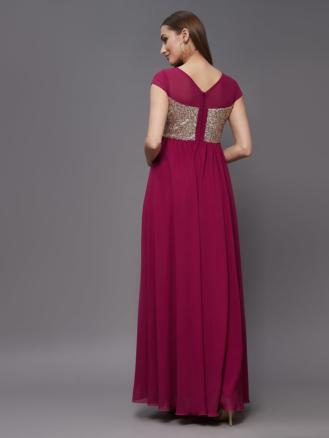 Women's Pink & Golden Round Neck Cap Sleeve Embellished Fit & Flare Maxi Dress