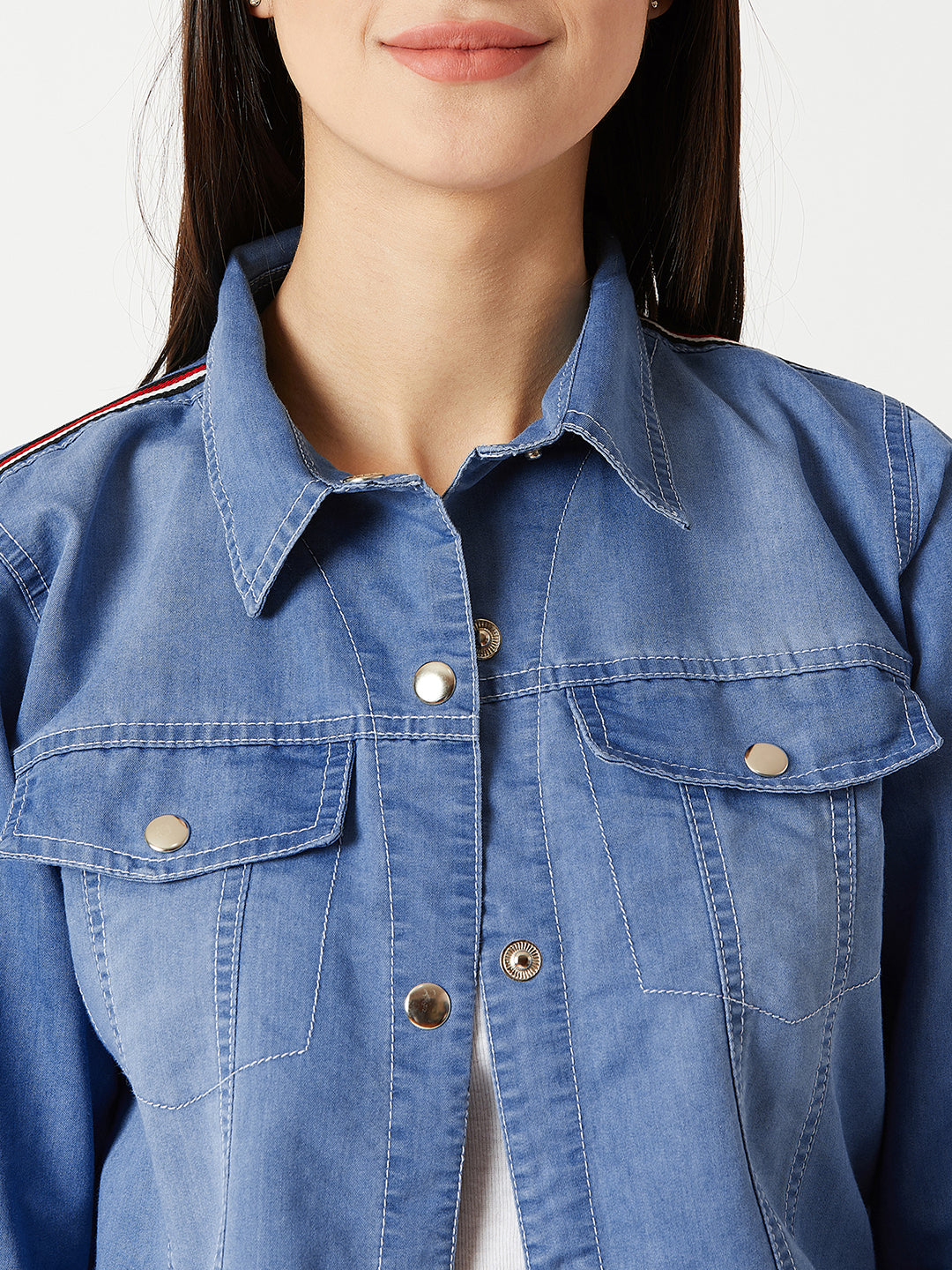 Women's Light Blue Polo Neck Full Sleeve Solid Buttoned Rib And Twill Tape Detailing Bomber Denim Jacket