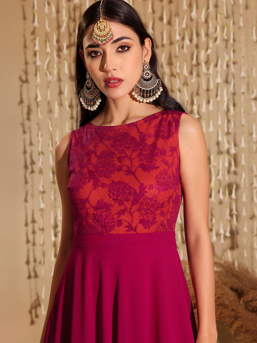 Women's Dark Pink & Rust Boat Neck Sleeveless Self Design Lace Overlaid Regular Dress