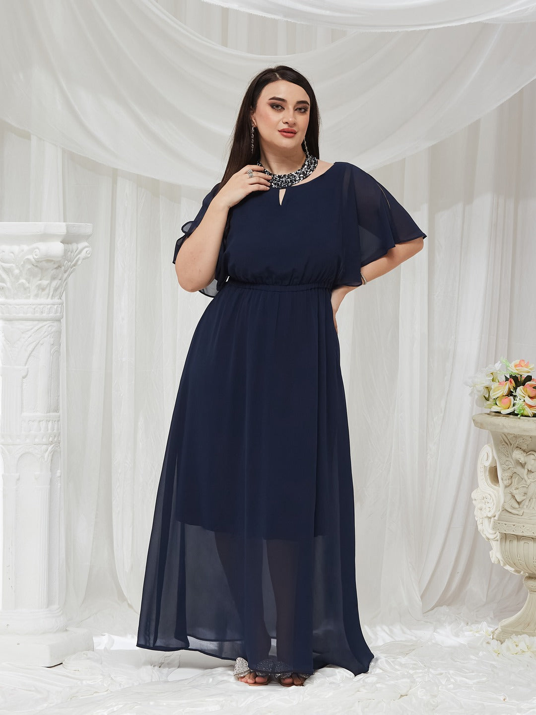 Navy Blue Round Neck Flared Solid Embellished Choker/Gathered Maxi Dress for Women — Miss Chase A+