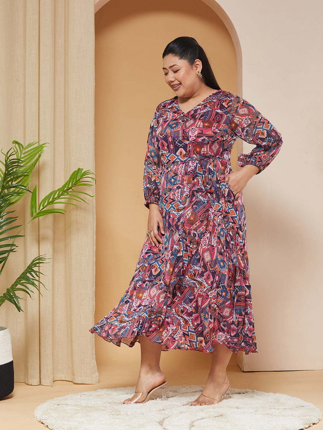 Multicolored V-Neck Three-Quarter-Sleeves Geometric Patterned Wrap Midi Chiffon Dress for Women