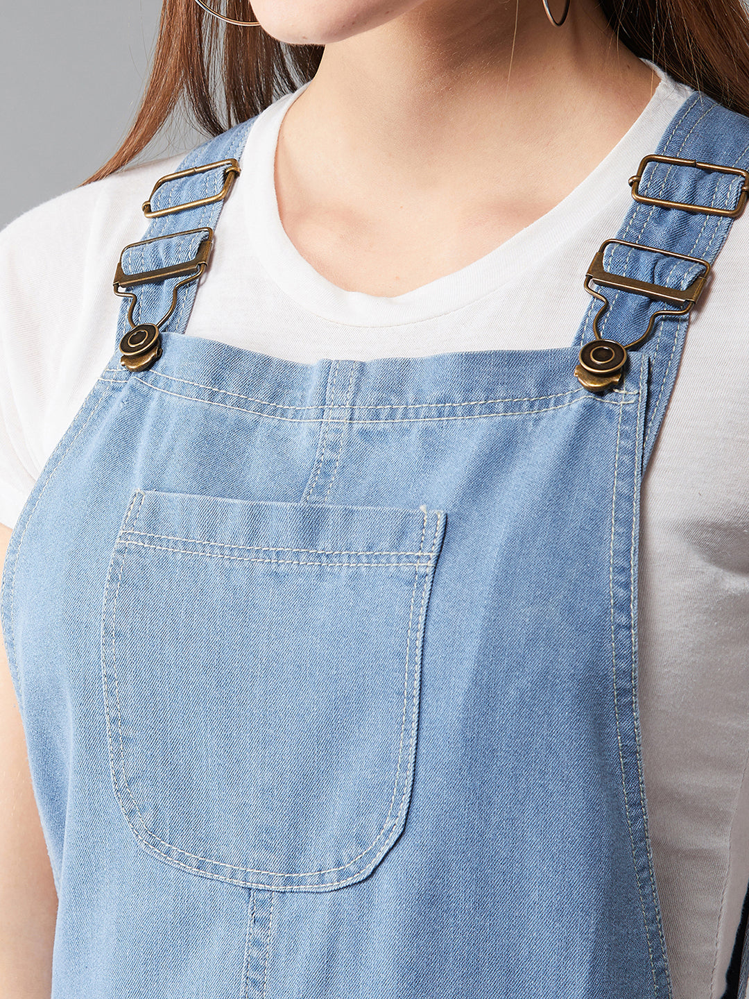 Women's Light Blue Regular Fit Mid Rise Regular Length Ripped Denim Dungaree