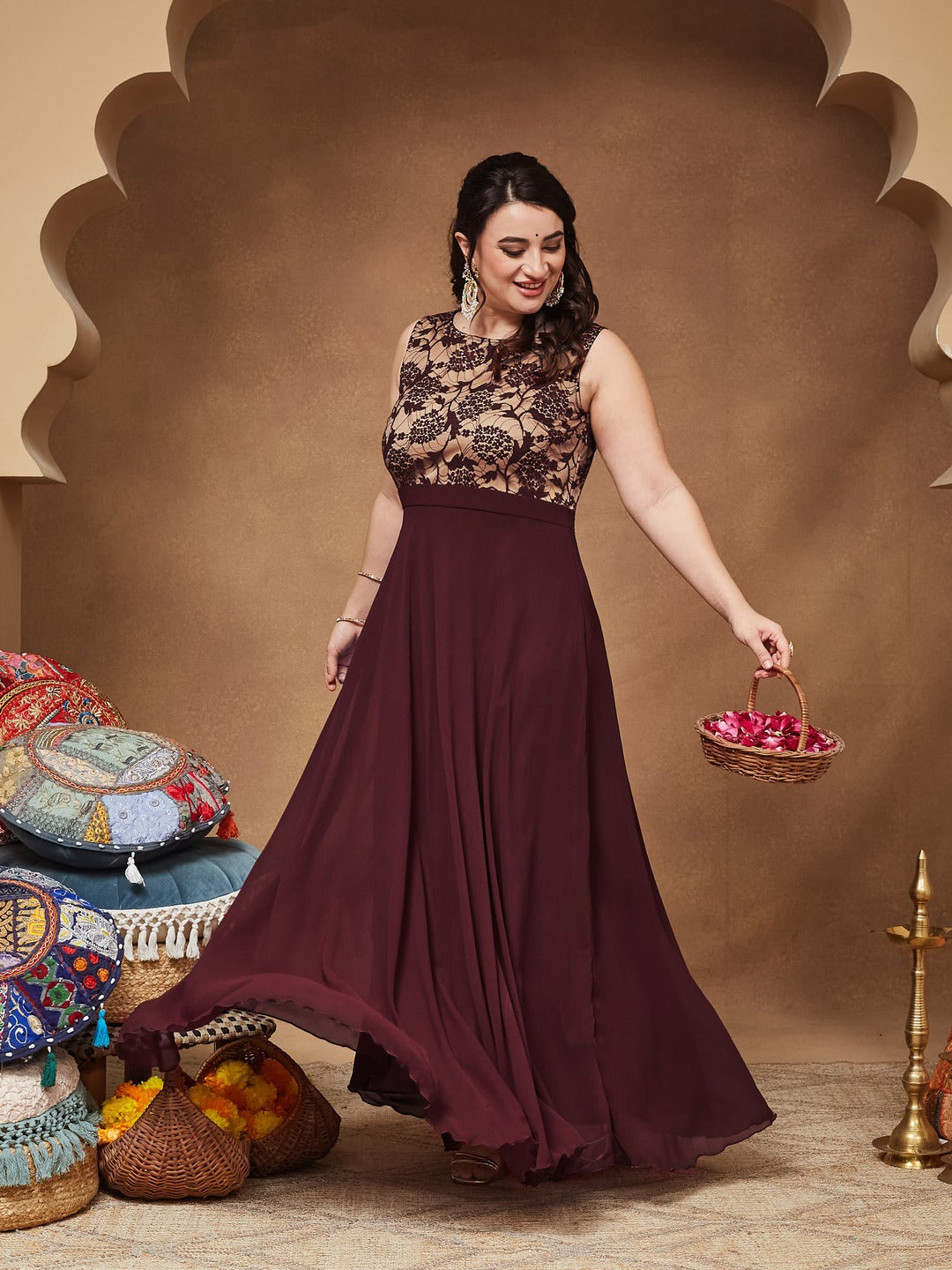 Beige & Wine Round Neck Sleeveless Georgette Floral Lace Fit & Flare Maxi Dress for Women — Miss Chase A+