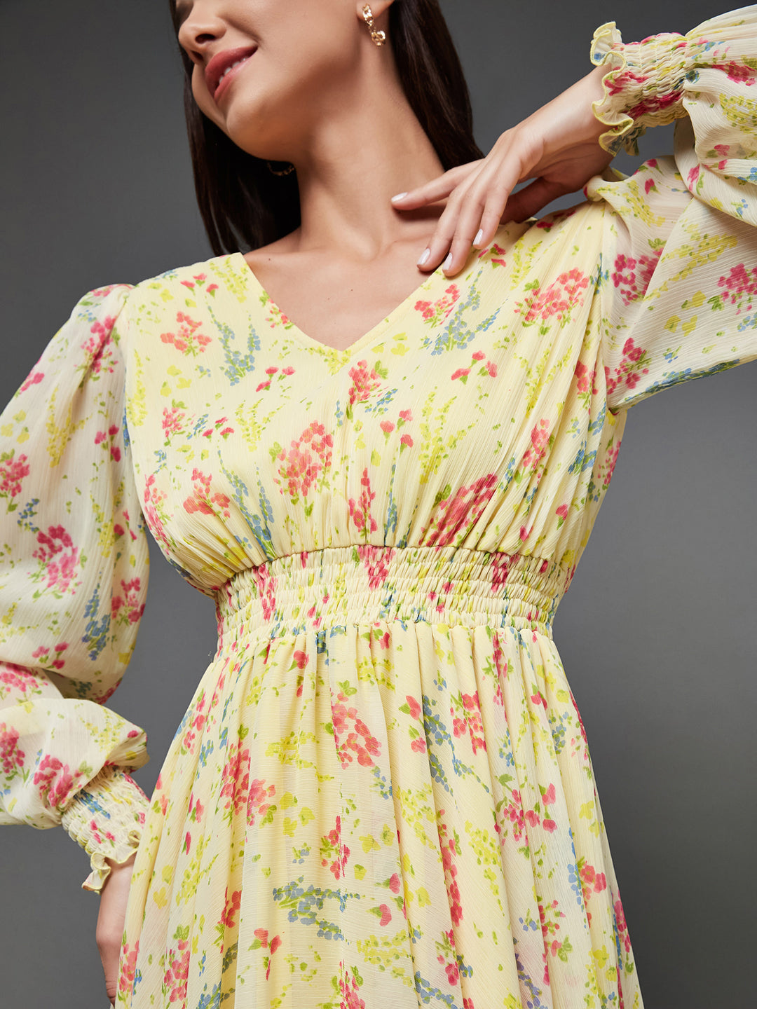 Women's Multicolored-Base-Lime Yellow V-Neck Bishop Sleeve Floral Gathered Chiffon Maxi Dress