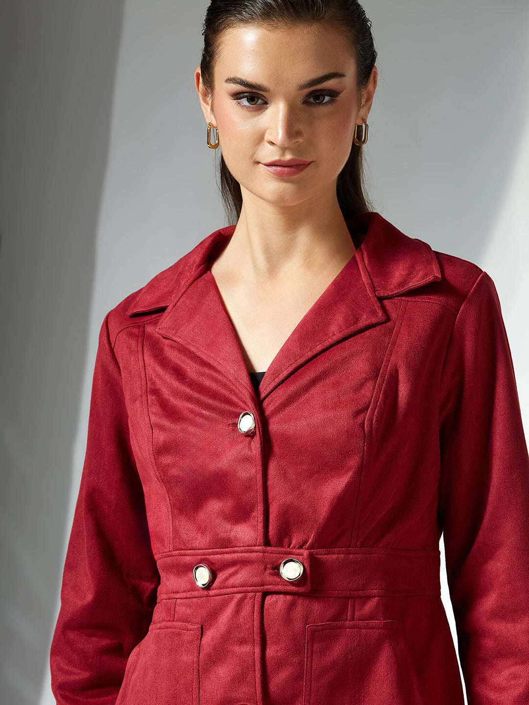 Women's Dark Red Solid Shirt Collar Full Sleeves Patched Pocketed Polyester Button Down Longline Jacket