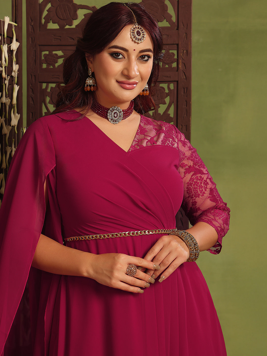 Women's Dark Pink V-Neck Asymmetric Self-Design Georgette Maxi Dress