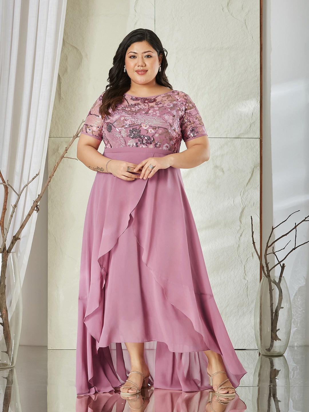 Dusty Lavender Round Neck Short Sleeve Floral Layered Georgette Midi Dress for Women