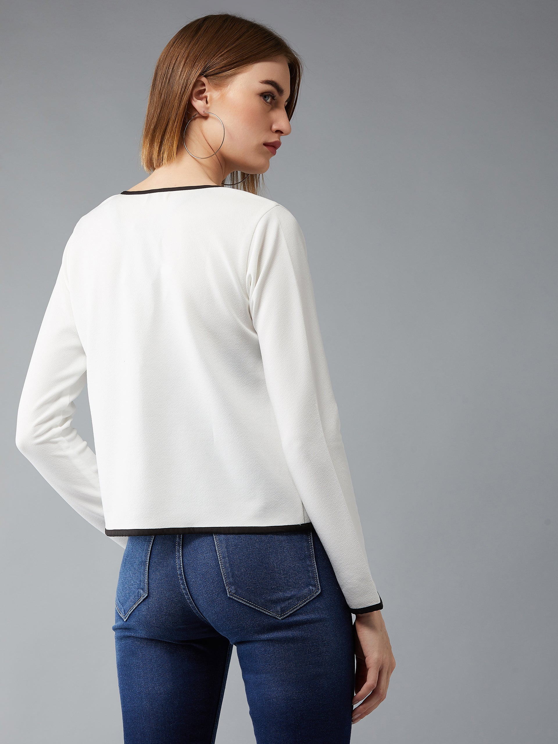 Women's Off-White Round Neck Full Sleeve Solid Contrast Piping Open Front Blazer