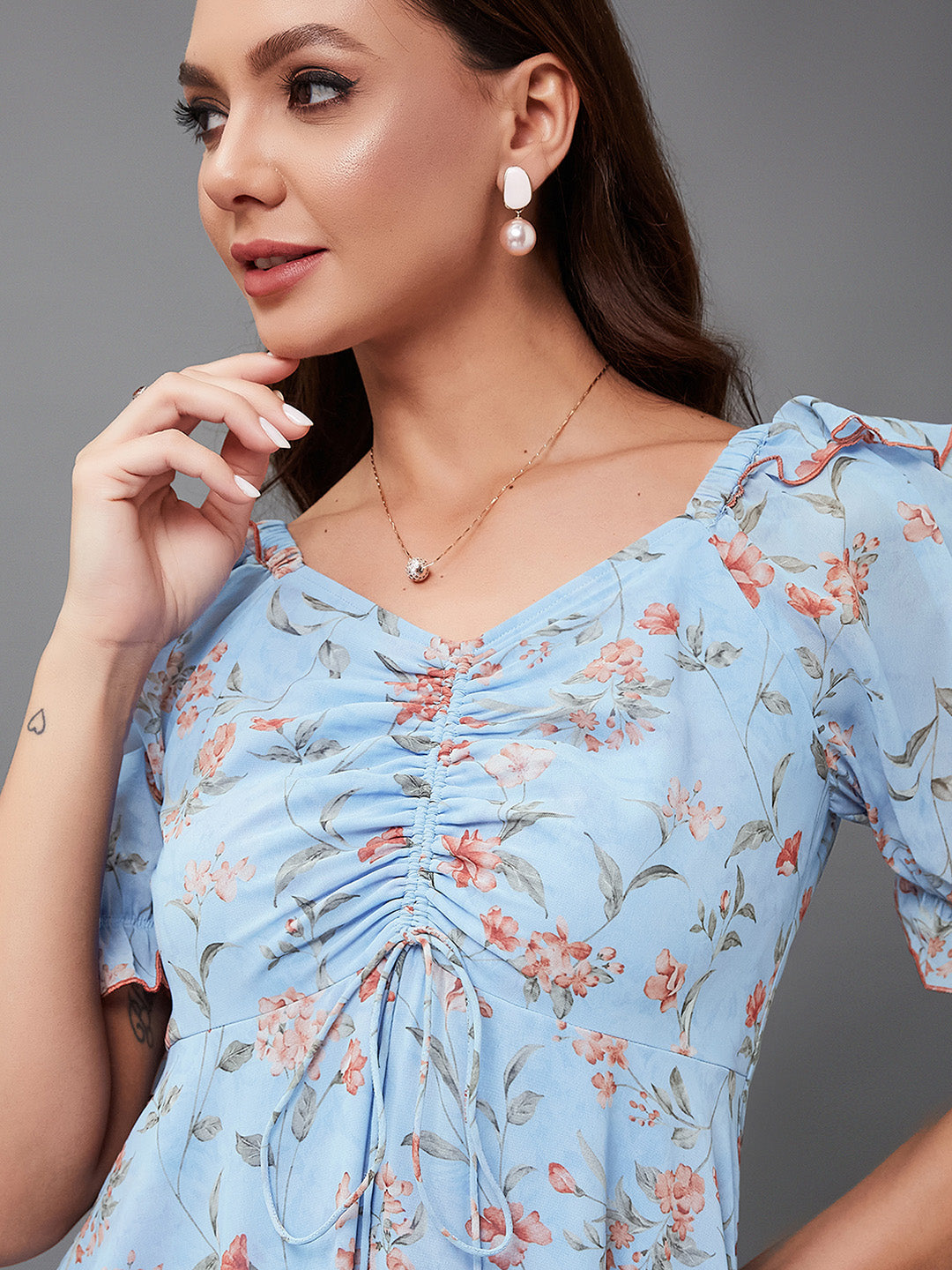 Women's Multicolored-Base-Powder Blue V-Neck Puff Sleeve Floral Ruching Ankle-Length Dress