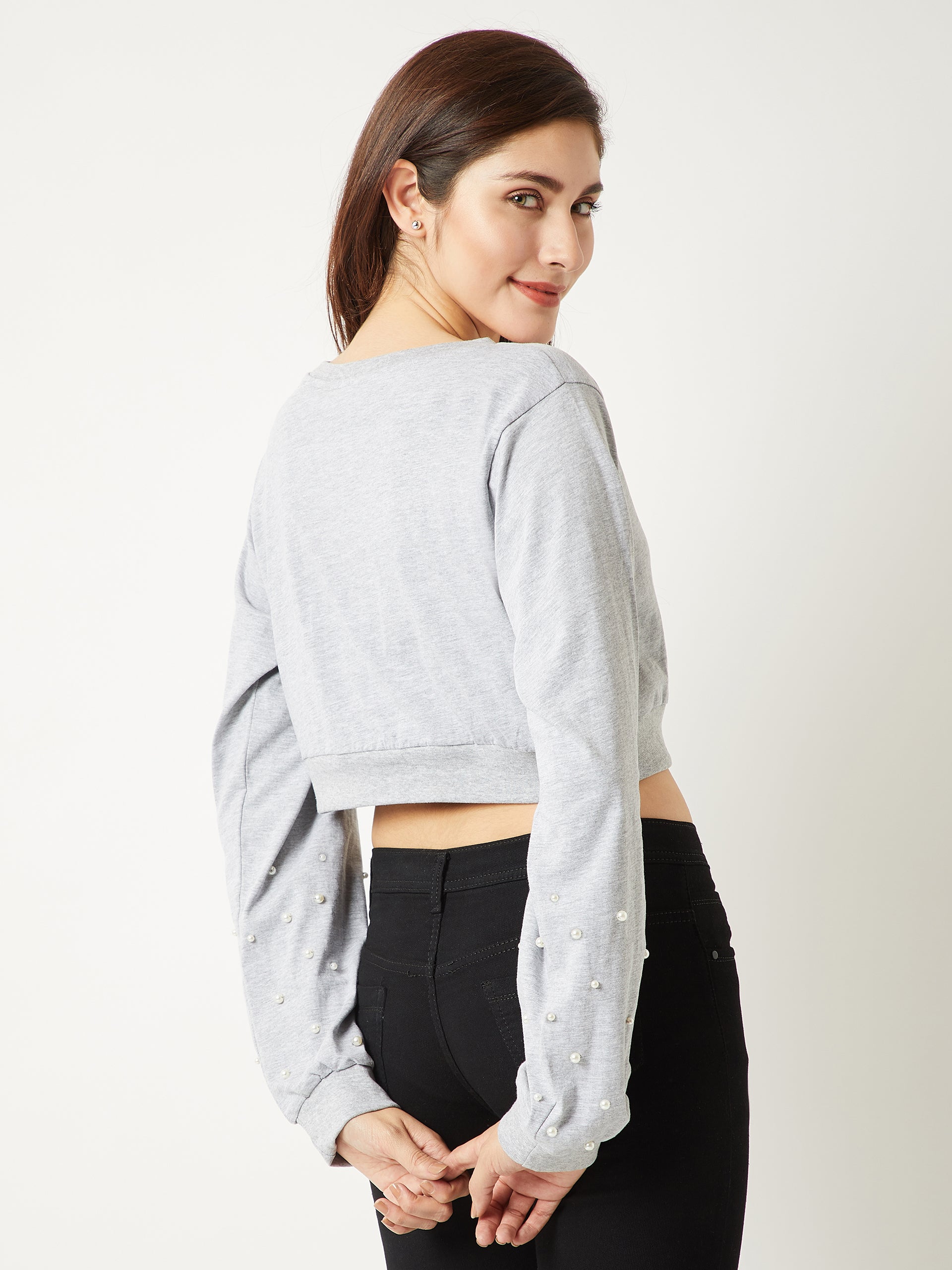 Women's Grey Round Neck Full Sleeve Cotton Pearl Detailing Solid Boxy Crop Top