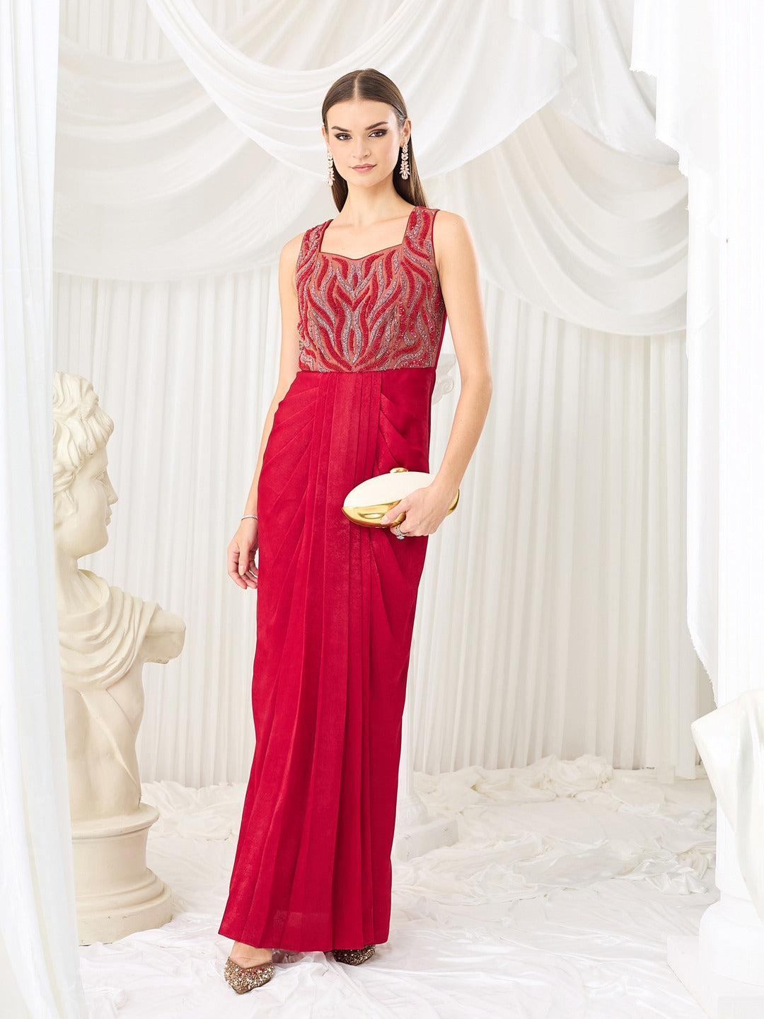 Embroidered Satin Gown in Red with Sweetheart Neckline for Women