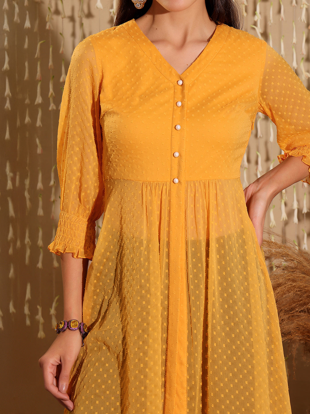 Women's Mustard Yellow V-Neck 3/4 Sleeves solid empire Maxi Top