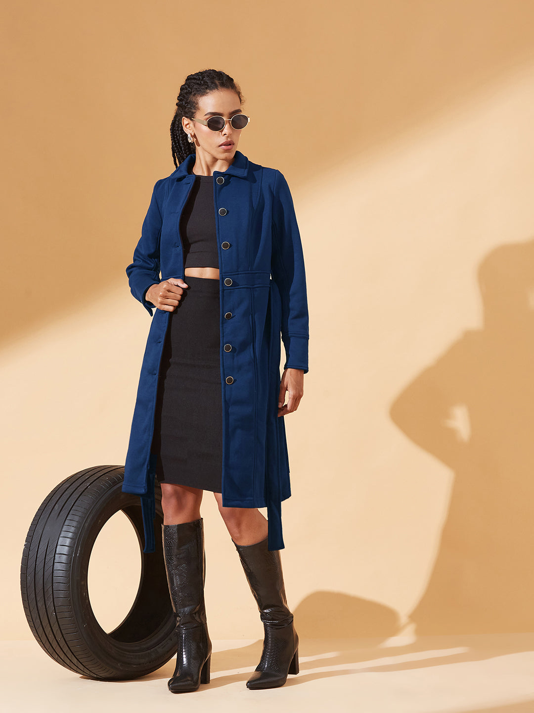 Navy-Blue Collared Full Sleeve Solid Tie-up Longline Jacket for Women
