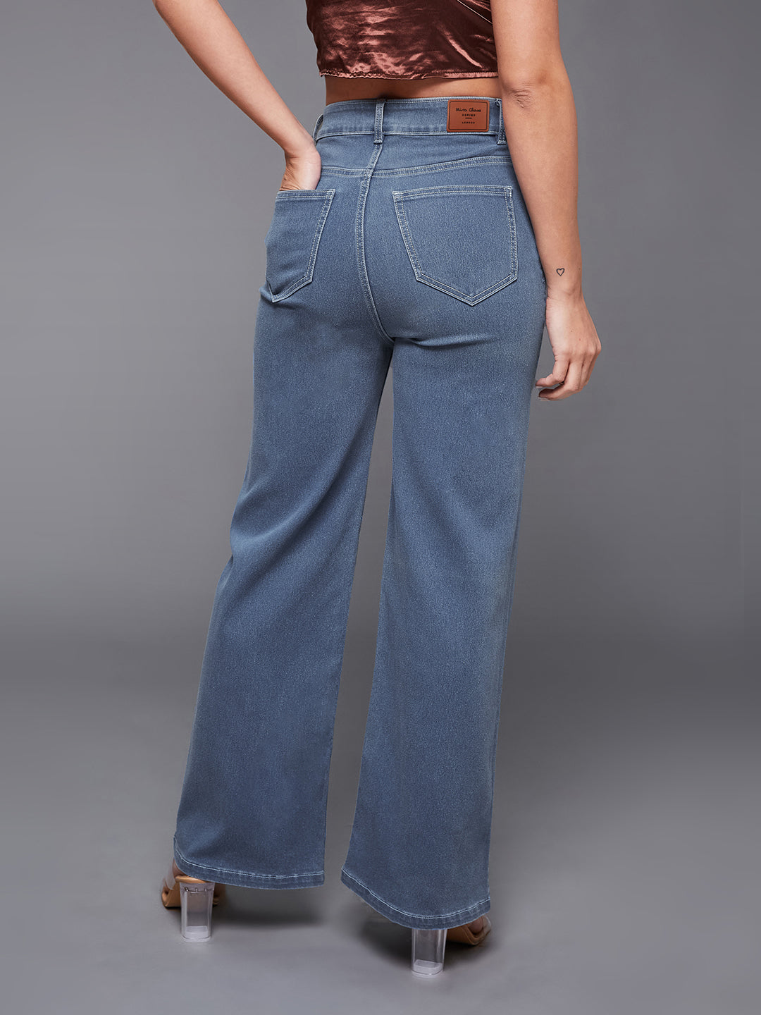 Blue Wide-Leg High-Rise Clean Look Stretchable Denim Jeans for Women