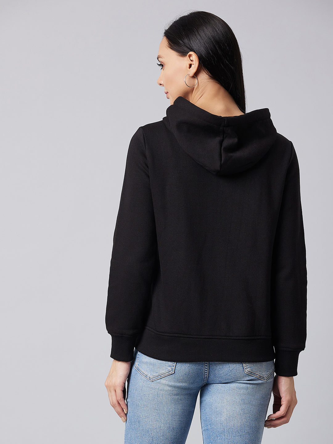 Women's Black Round Neck Full Sleeve Solid Hooded Regular Sweatshirt