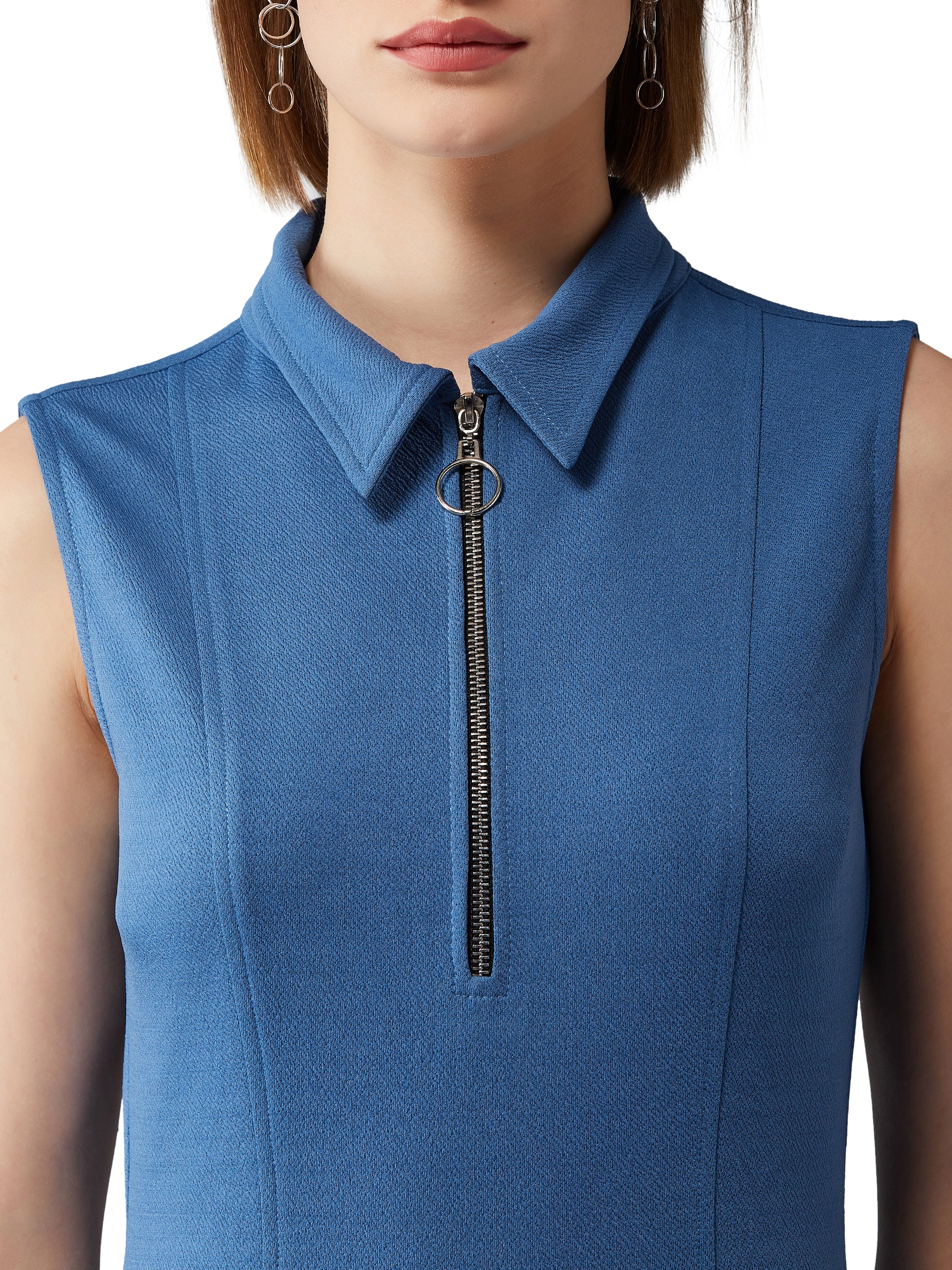 Women's Azure Blue Round Neck Sleeveless Solid Front Pocketed Mini Shift Dress