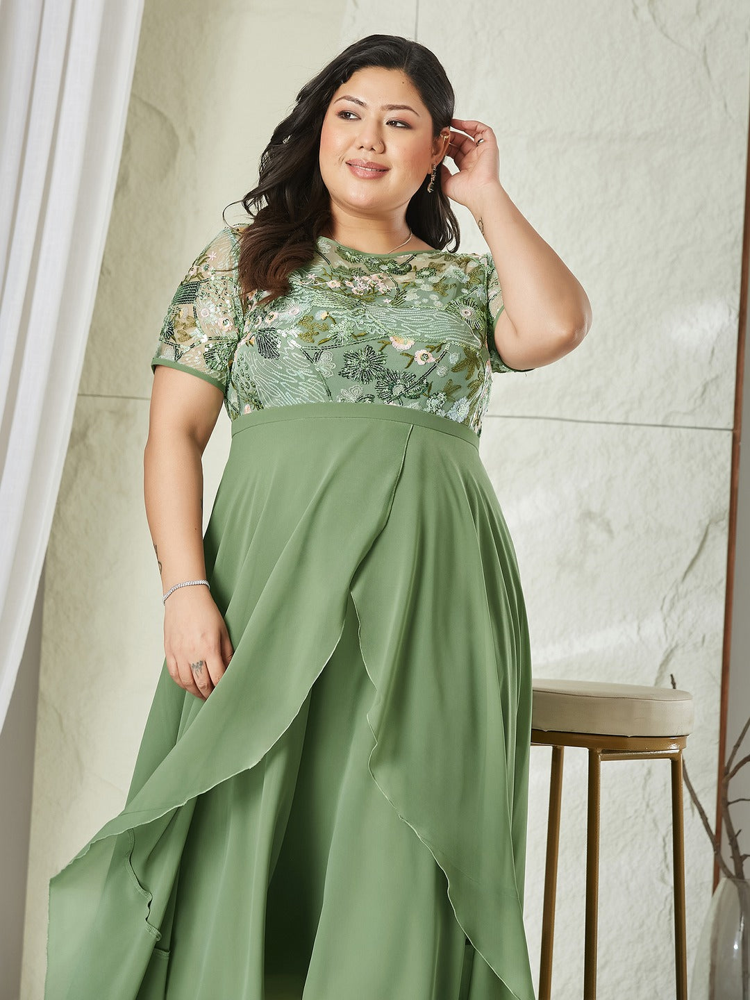 Light Green Embellished Layered Georgette Midi Dress for Women