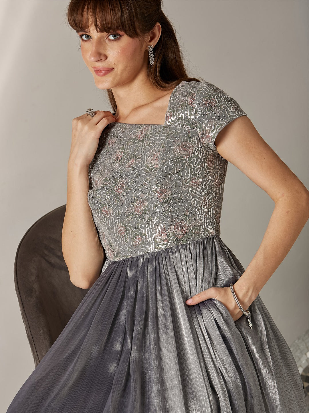 Silver Asymmetric Short Sleeve Embellished Tiered Chiffon Maxi Dress for Women