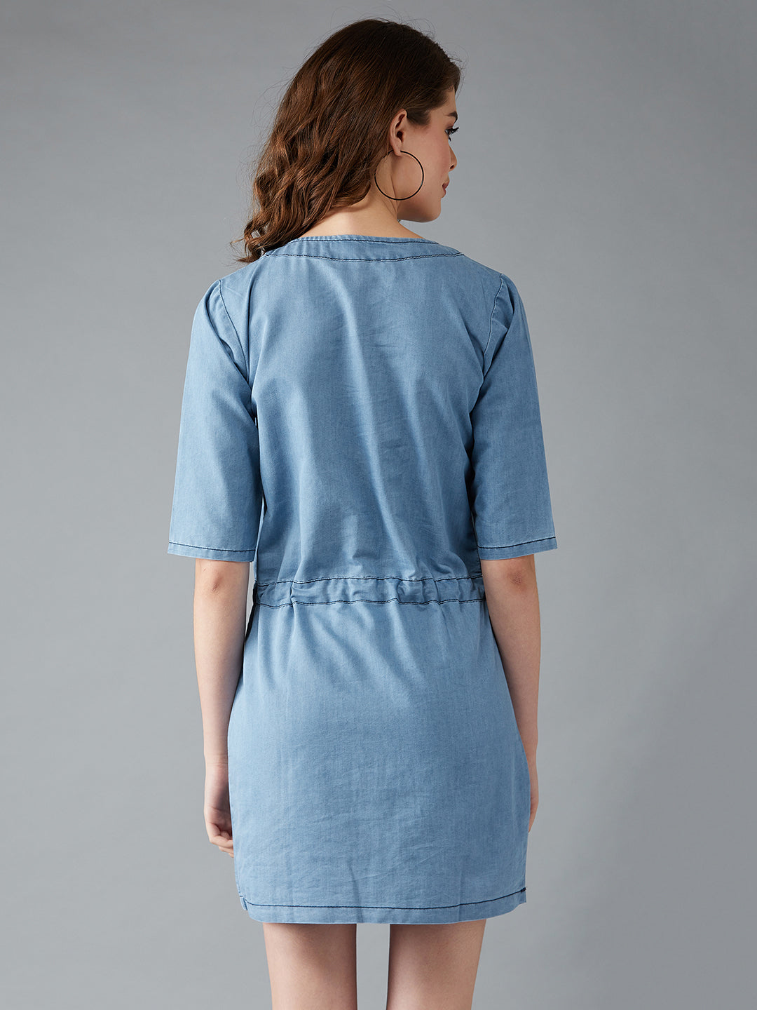 Women's Light Blue Polo Neck 3/4 Sleeve Denim Solid Midi Shift Dress