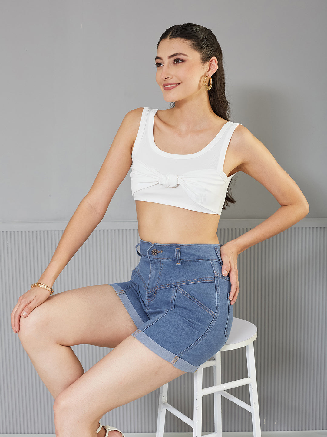Blue Relaxed-Fit High-Rise Stretchable Blue Denim Shorts for Women