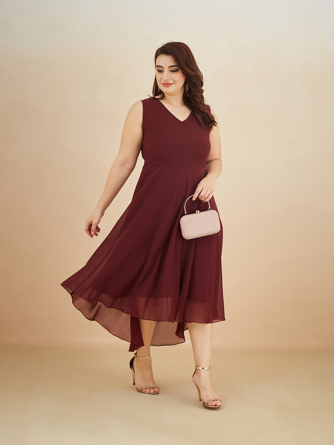 Wine Red V-Neck Sleeveless Solid High-Low Midi Skater Dress for Women — Miss Chase A+