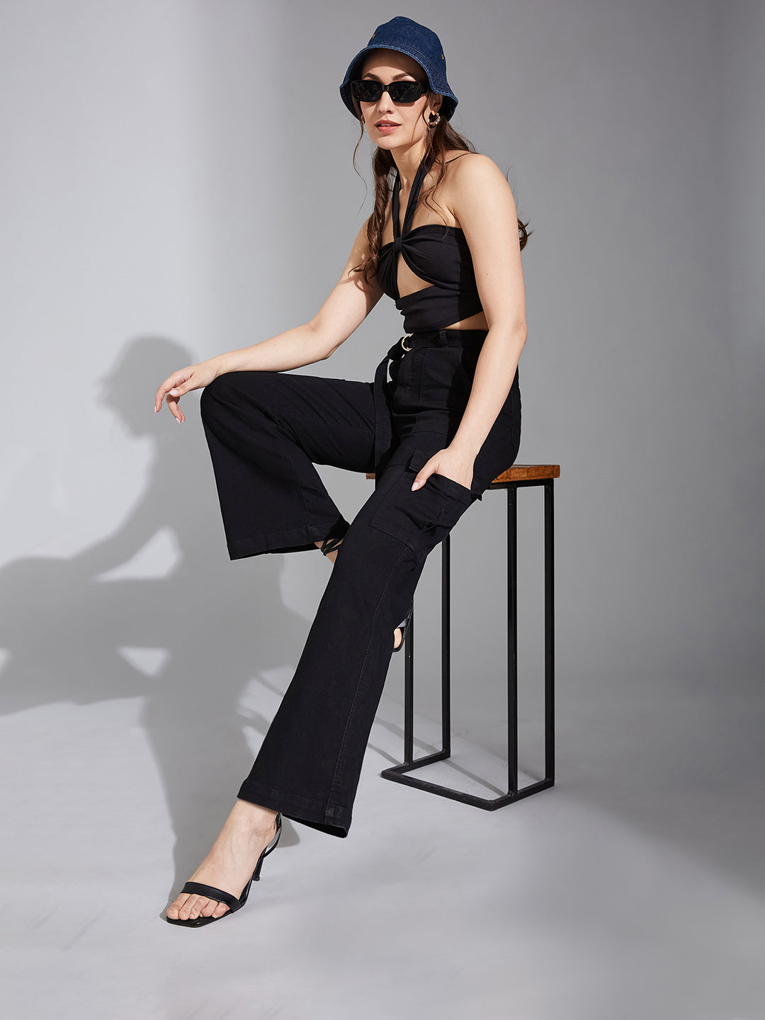 Women's Black Wide-Leg High-Rise Clean-Look Regular Stretchable Denim Jeans